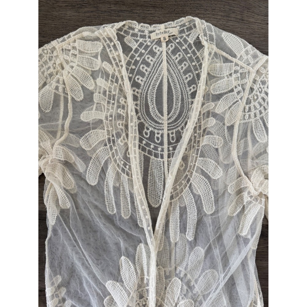 Rebellion Lace Kimono Cardigan Ivory Embroidered Duster Boho Cover-Up Size Small - Picture 3 of 11